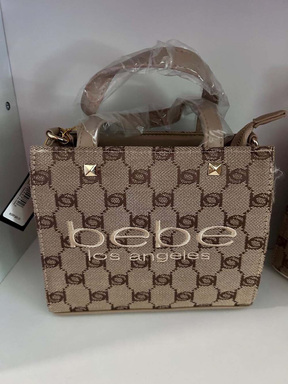 Bebe Talulla Mini Satchel Monogram Brown and Beige Crossbody Handbag